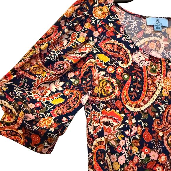 CeCe Womens Paisley Print Top Shirred Sleeve Navy Blue Medium - Picture 3 of 6